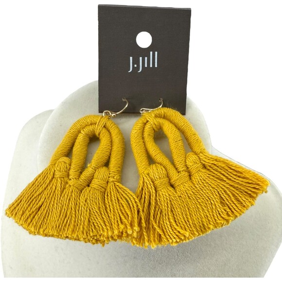 J. Jill Cotton Macramé Tassel Earrings Yellow Fringe Boho Statement Dangle Drop - Picture 5 of 13